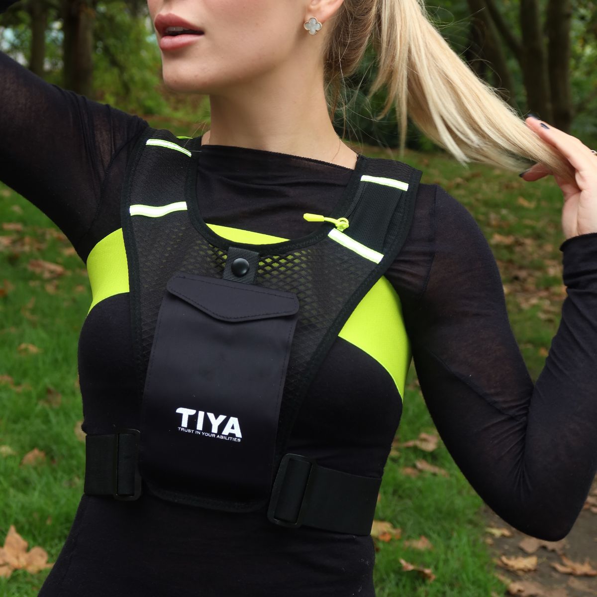 Original Boobuddy™ & TIYA Running Phone Holder Vest - Black/Green/Yellow